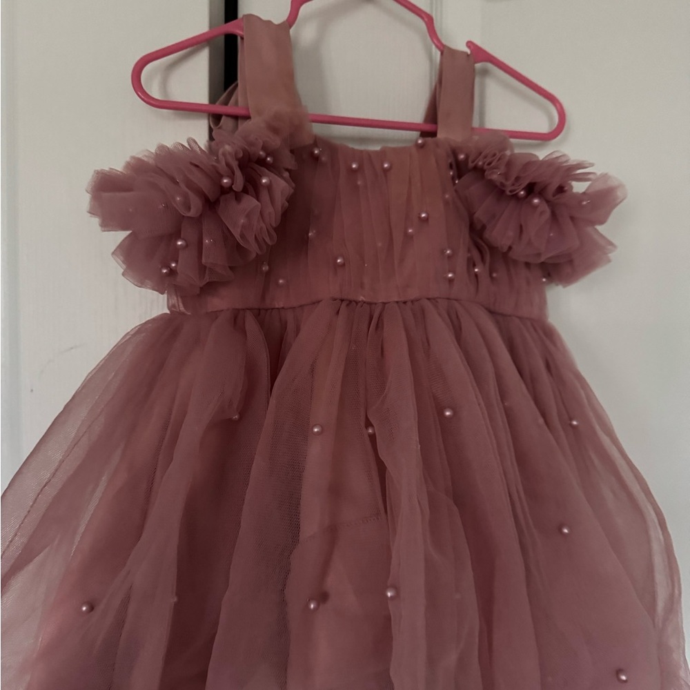 Elegant Mauve Tulle Dress with Pearl Accents
